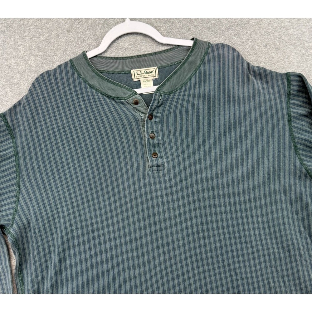 L.L. Bean Mens Thermal Henley Shirt Vintage 90s Dark Green Preppy L USA MADE